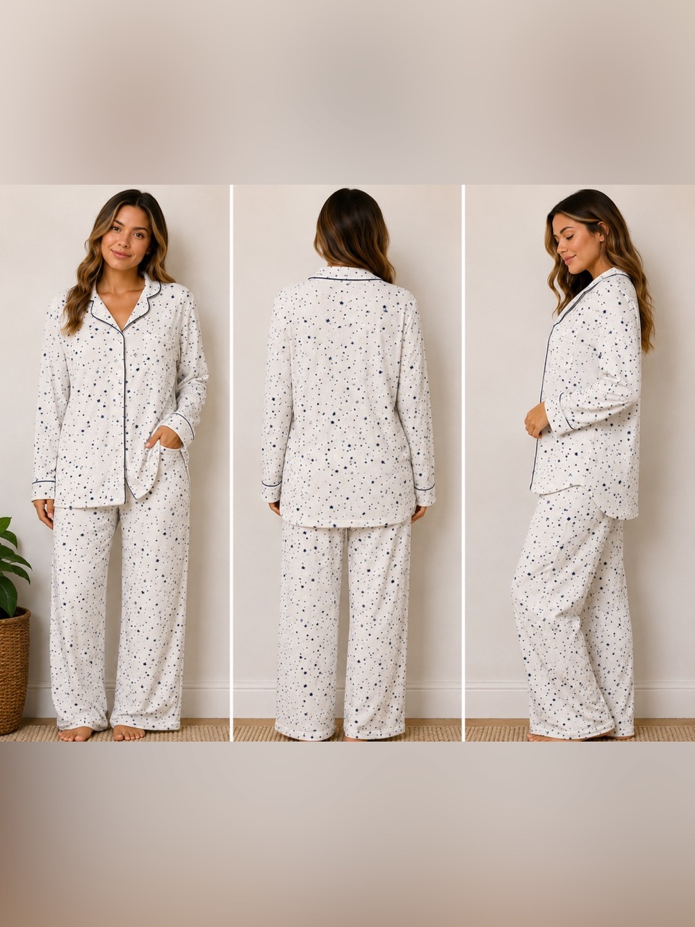 Zara Cream Star-Print Pajama Set with Black Piping